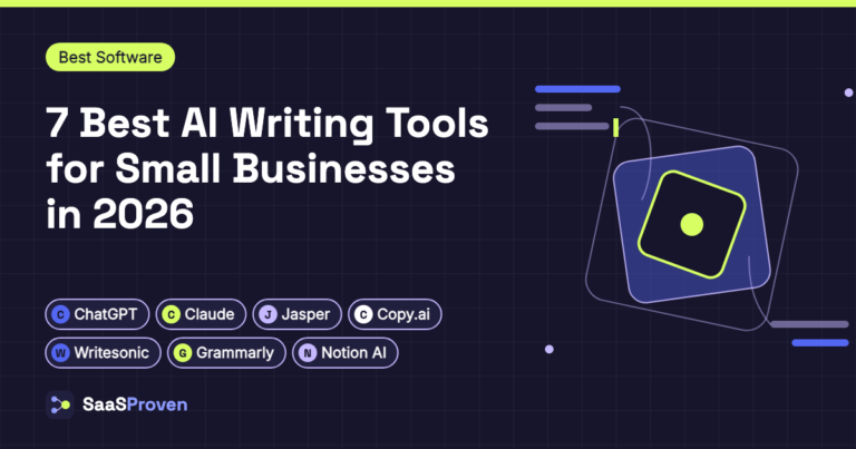 Featured image for "7 Best AI Writing Tools for Small Businesses in 2026": layered shapes and text lines suggesting AI-generated writing, with name badges for ChatGPT, Claude, Jasper, Copy.ai, Writesonic, Grammarly, Notion AI.