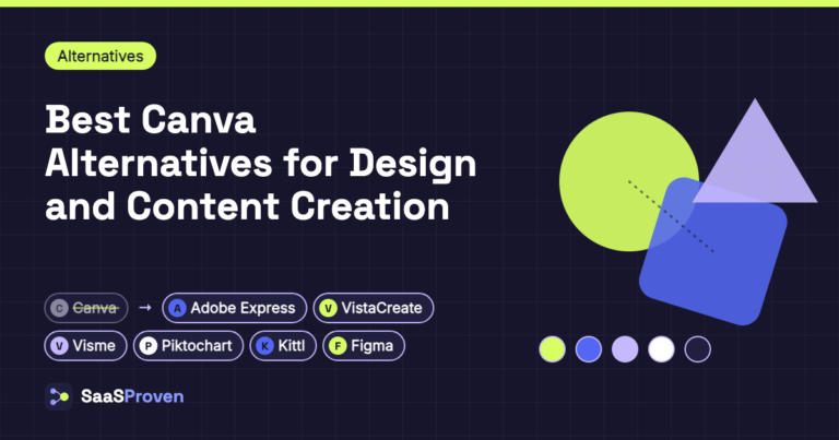 Featured image for "Best Canva Alternatives for Design and Content Creation": overlapping design shapes and a color palette, with name badges for Canva, Adobe Express, VistaCreate, Visme, Piktochart, Kittl, Figma.
