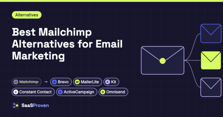 Featured image for "Best Mailchimp Alternatives for Email Marketing": an envelope branching into several email options, with name badges for Mailchimp, Brevo, MailerLite, Kit, Constant Contact, ActiveCampaign, Omnisend.