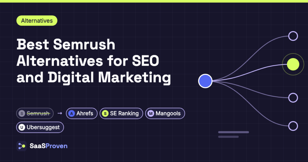 Featured image for "Best Semrush Alternatives for SEO and Digital Marketing": one starting point branching into several alternative paths, with name badges for Semrush, Ahrefs, SE Ranking, Mangools, Ubersuggest.