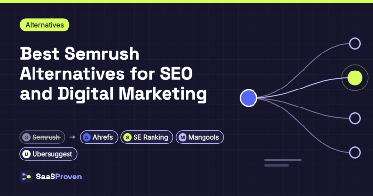 Featured image for "Best Semrush Alternatives for SEO and Digital Marketing": one starting point branching into several alternative paths, with name badges for Semrush, Ahrefs, SE Ranking, Mangools, Ubersuggest.