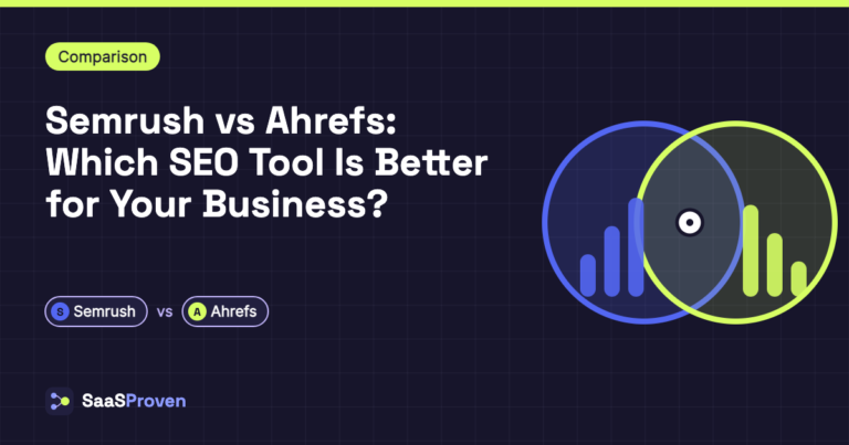 Featured image for "Semrush vs Ahrefs: Which SEO Tool Is Better for Your Business?": two overlapping circles with bar charts comparing two SEO tools, with name badges for Semrush, Ahrefs.